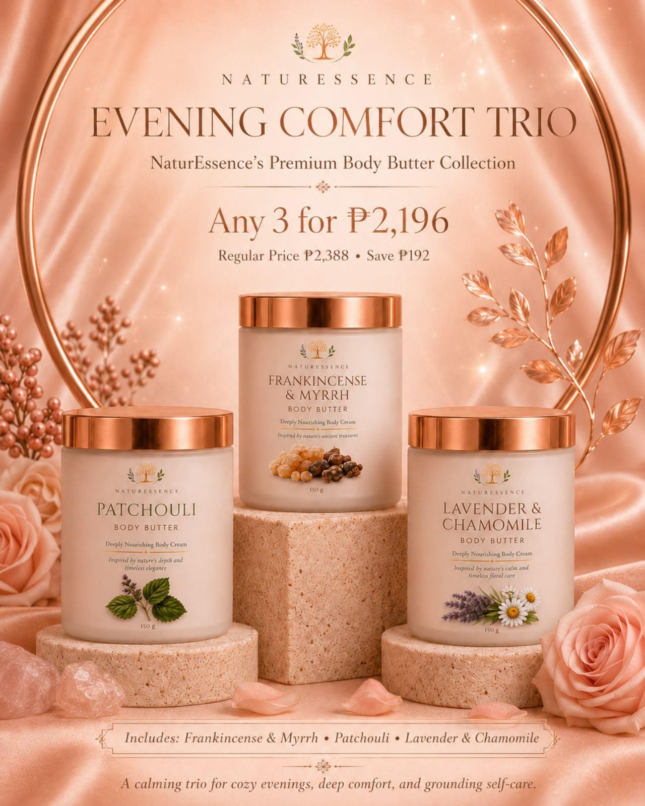 Evening Comfort Trio — Frankincense & Myrrh · Patchouli · Lavender & Chamomile