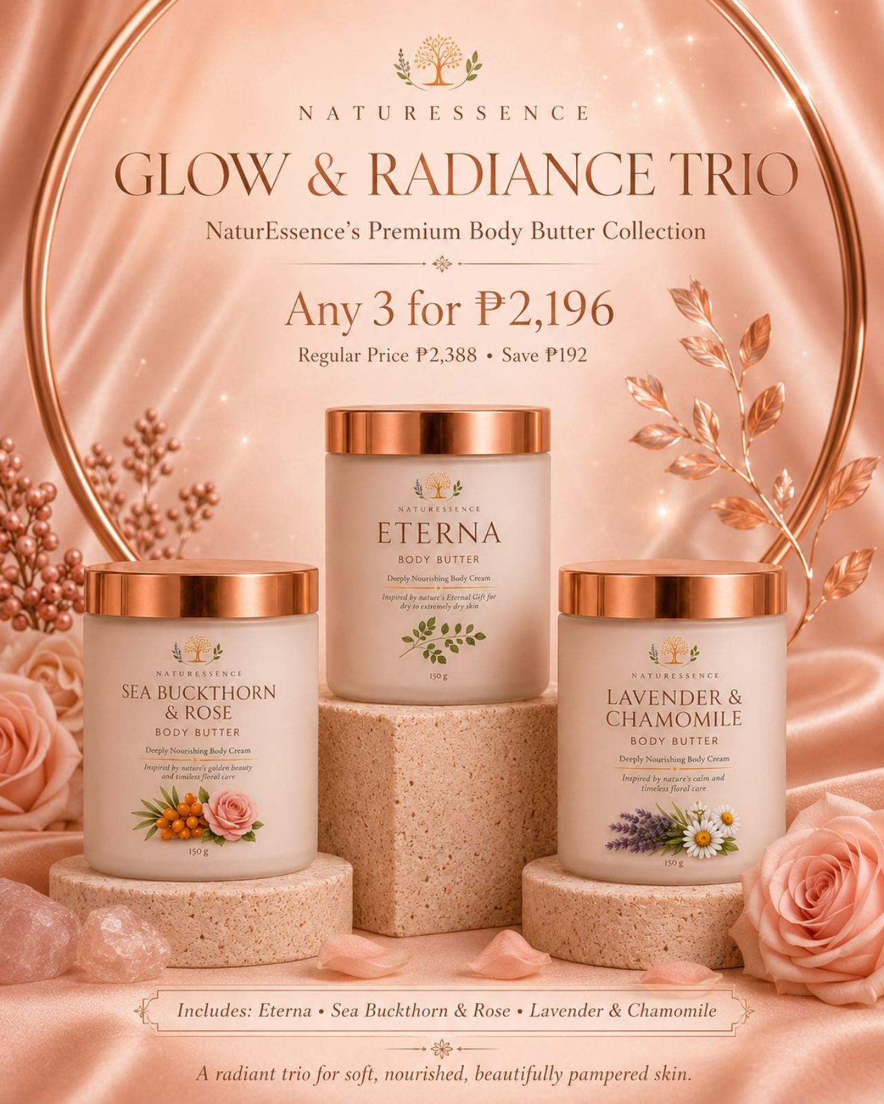 Glow & Radiance Trio — Eterna · Sea Buckthorn & Rose · Lavender & Chamomile