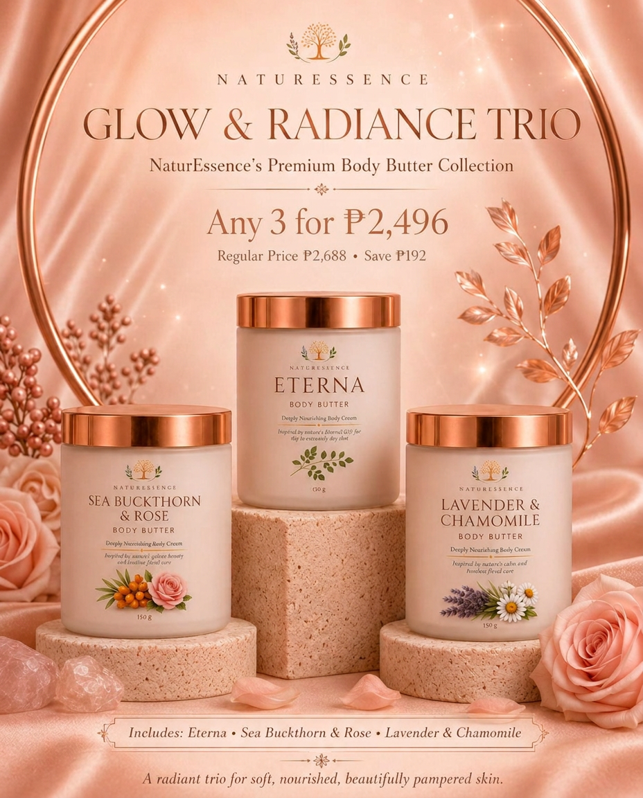 Glow & Radiance Trio — Eterna · Sea Buckthorn & Rose · Lavender & Chamomile