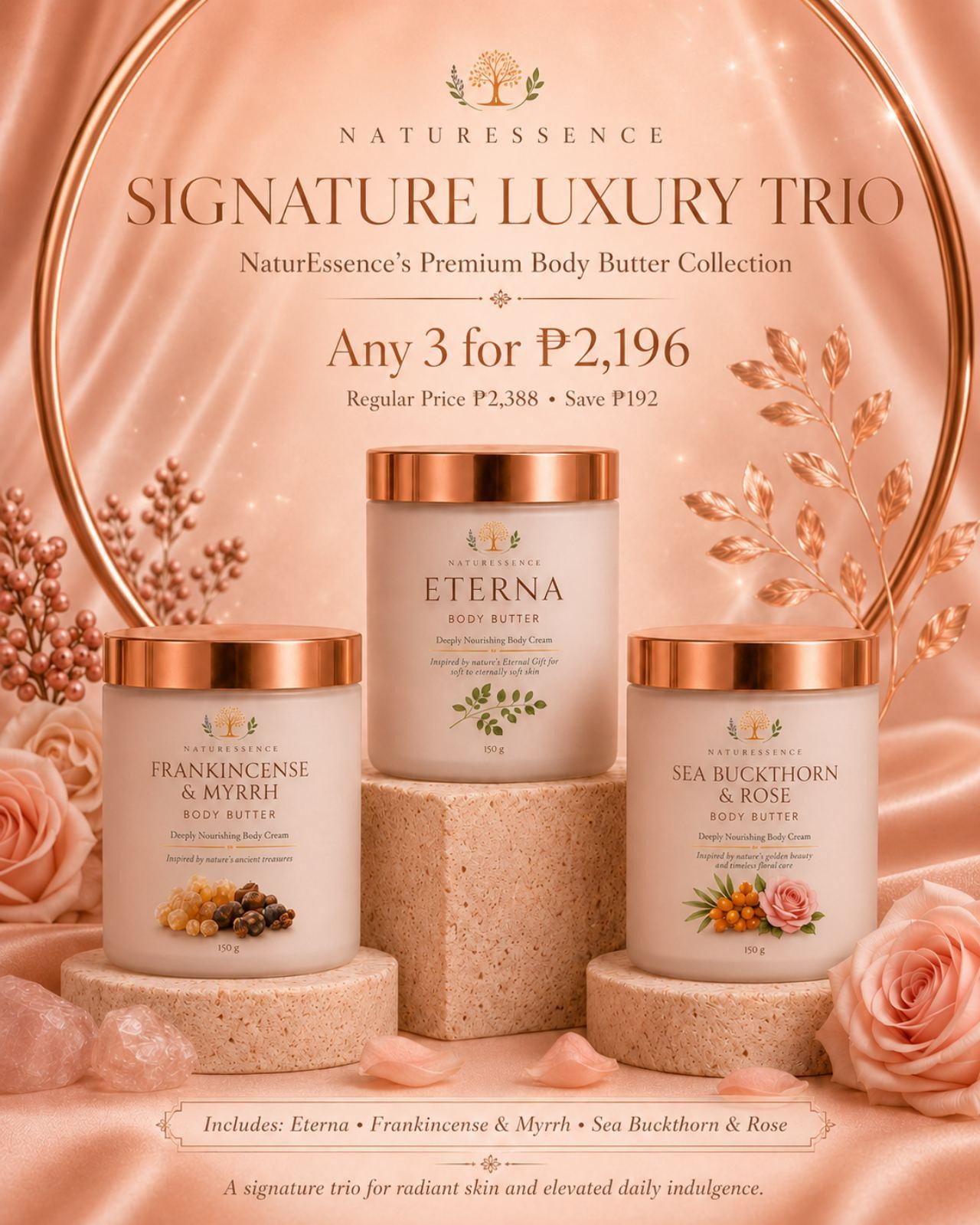 Signature Luxury Trio — Eterna · Frankincense & Myrrh · Sea Buckthorn & Rose