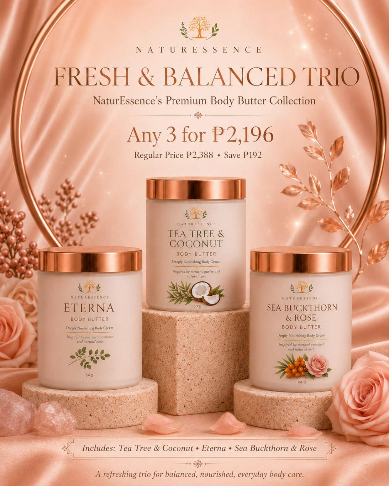 Fresh & Balanced Trio — Tea Tree & Coconut · Eterna · Sea Buckthorn & Rose