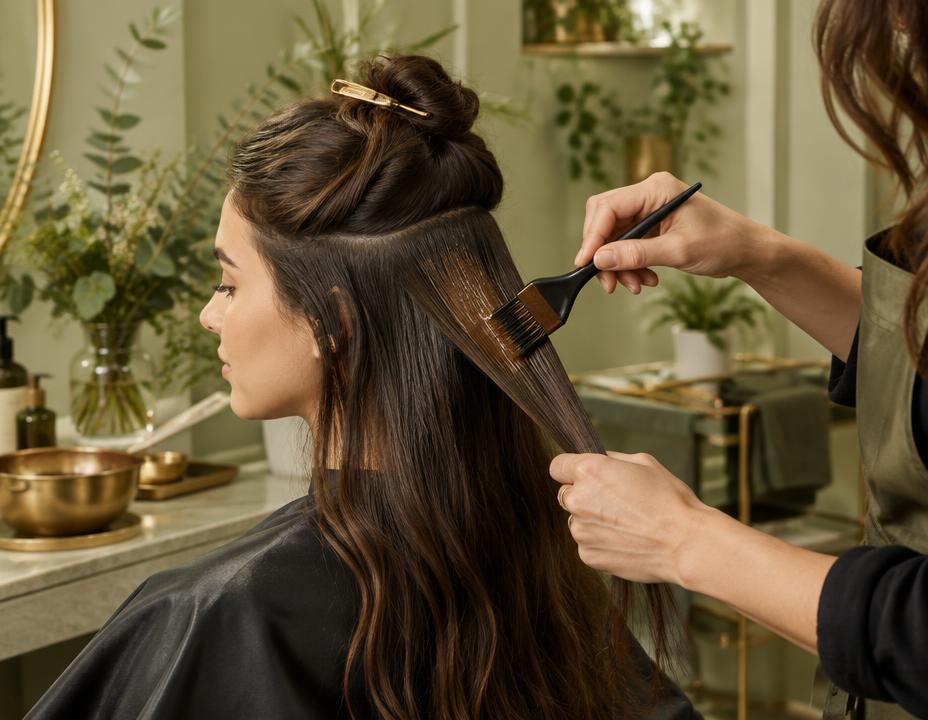Professional colorist applying hair color with a tint brush