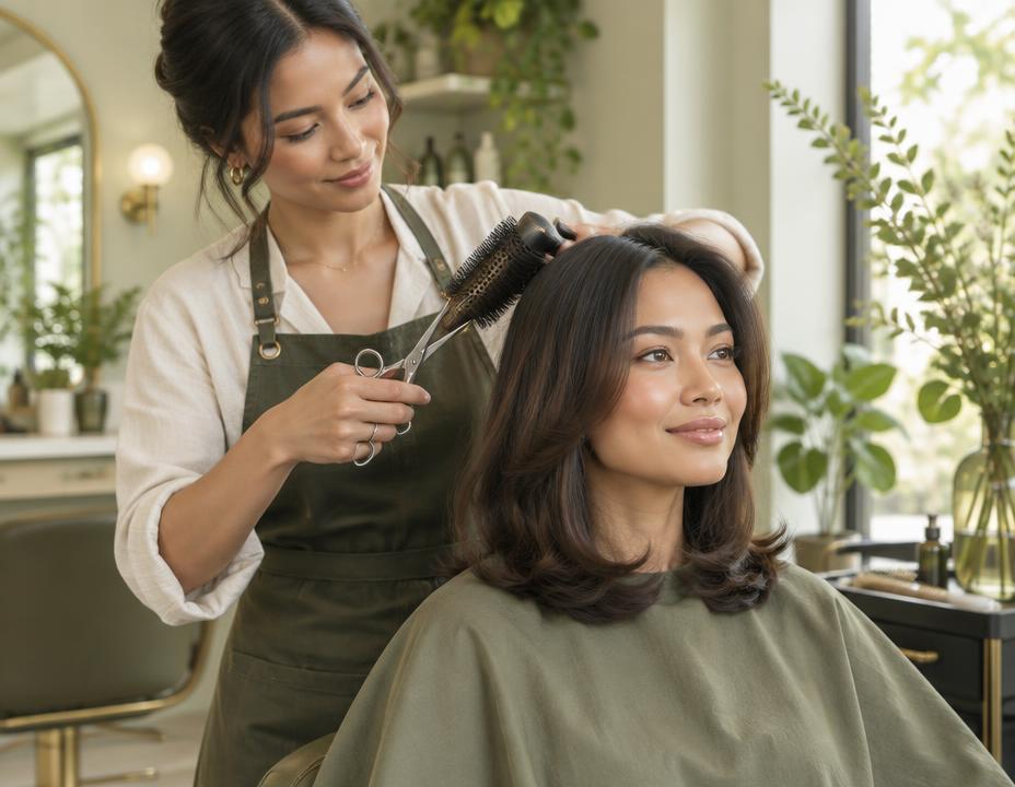 Stylist finishing a polished haircut and blowout