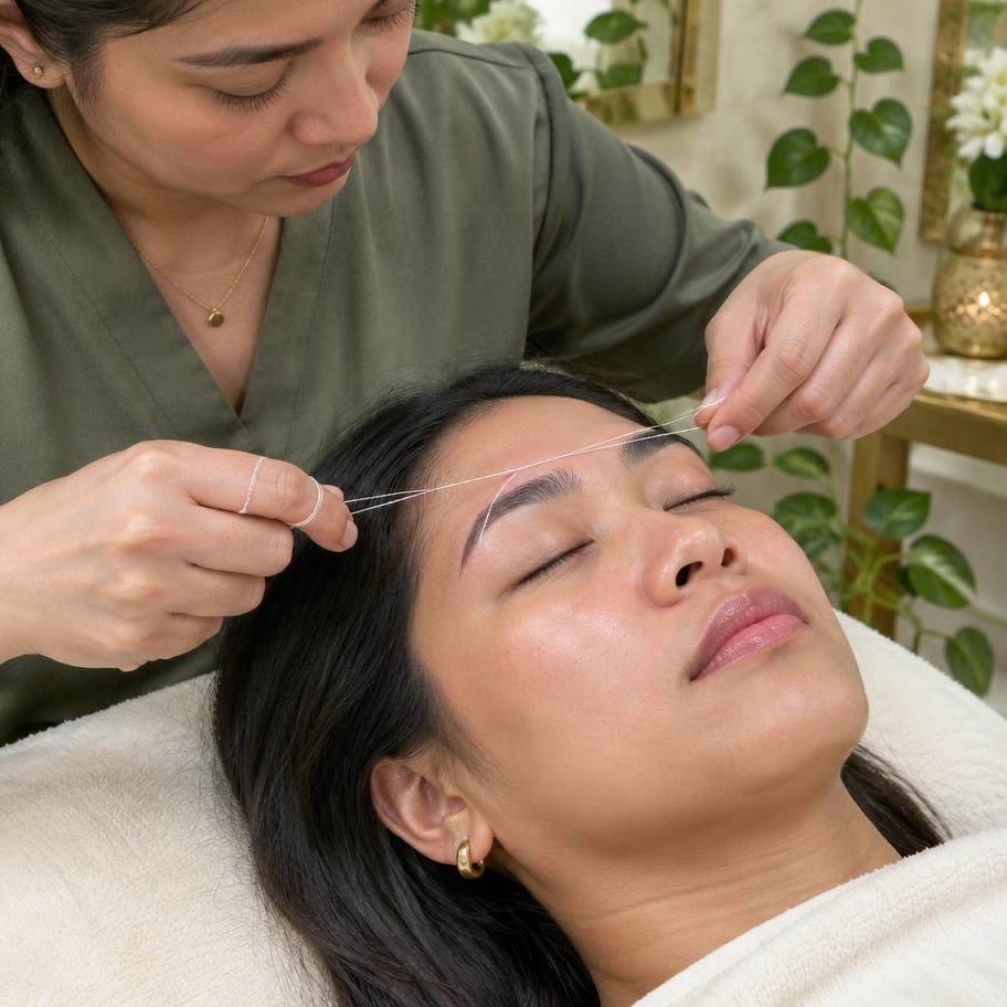 Beauty therapist shaping an eyebrow with twisted cotton thread