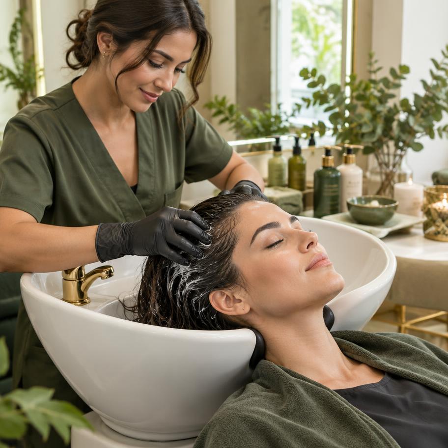 Stylist performing a deeply hydrating hair and scalp spa treatment
