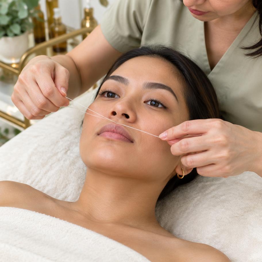 Beauty therapist performing precise upper lip threading