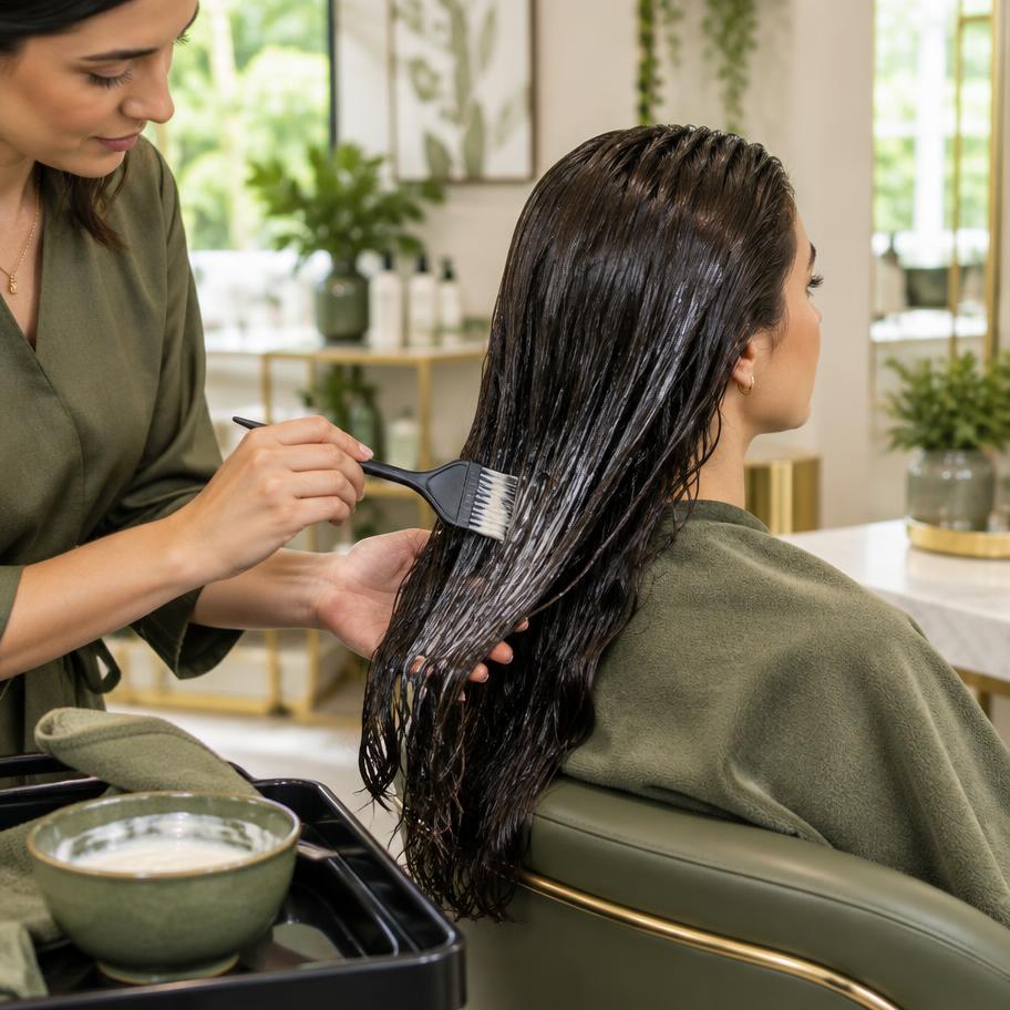 Stylist applying a nourishing conditioning mask through long hair
