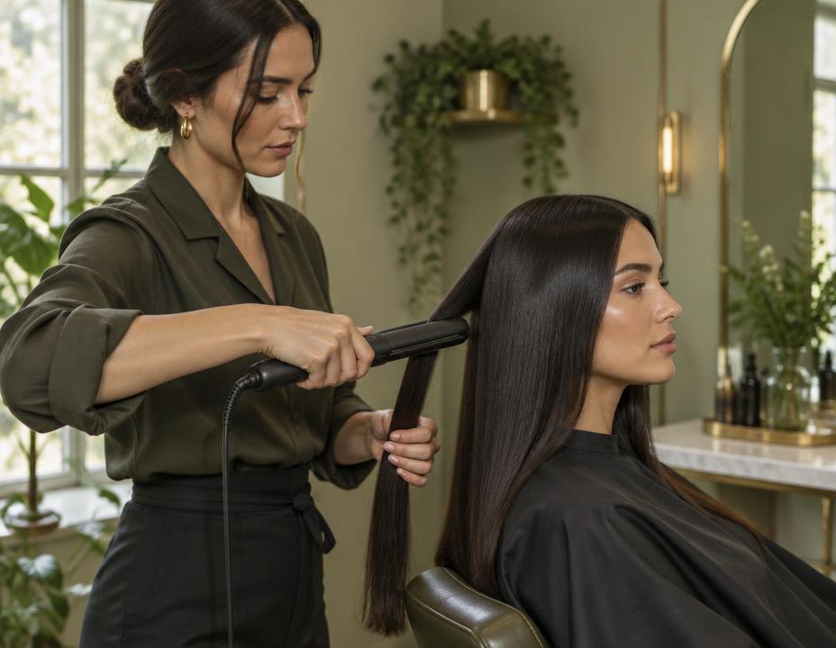 Professional stylist straightening long dark hair