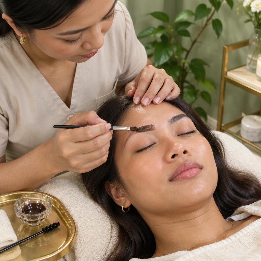 Beauty therapist applying temporary brown eyebrow dye with a fine brush